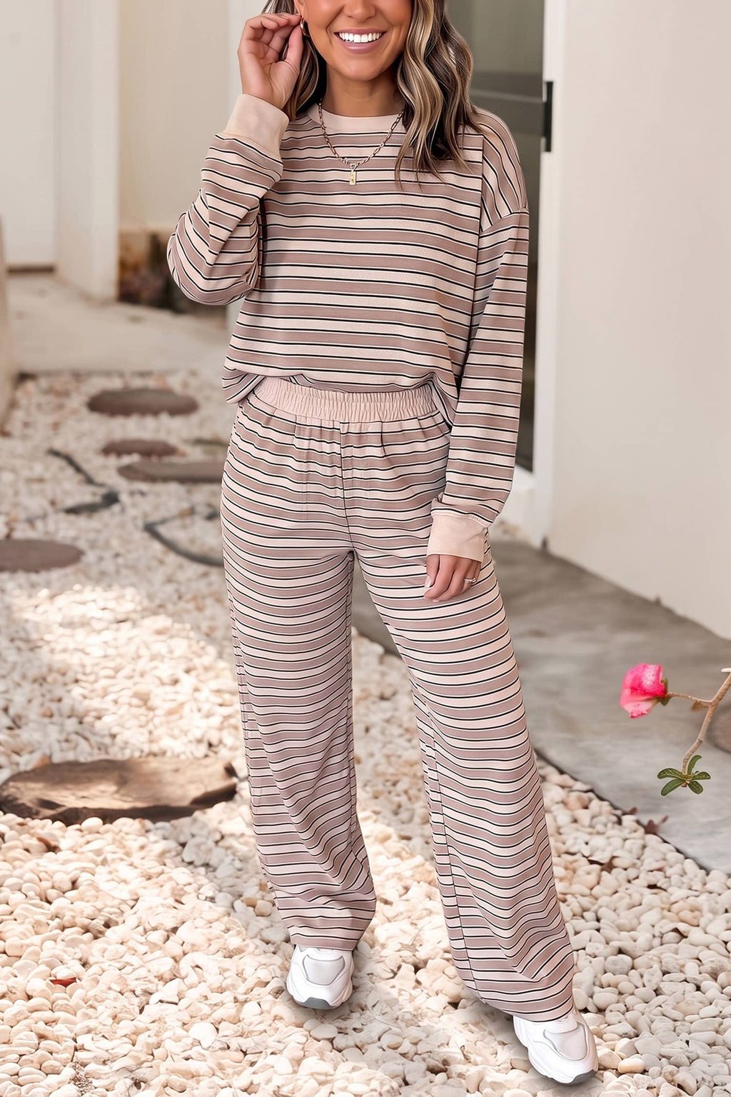 Stripe Contrast Trim Top Elastic Waist Pants Set