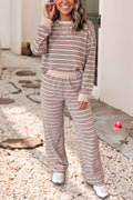 Stripe Contrast Trim Top Elastic Waist Pants Set