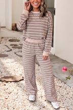 Stripe Contrast Trim Top Elastic Waist Pants Set