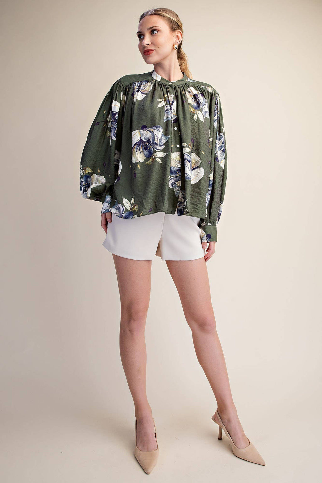 Floral Blouse Round Neck Button Down Voluminous Shirring