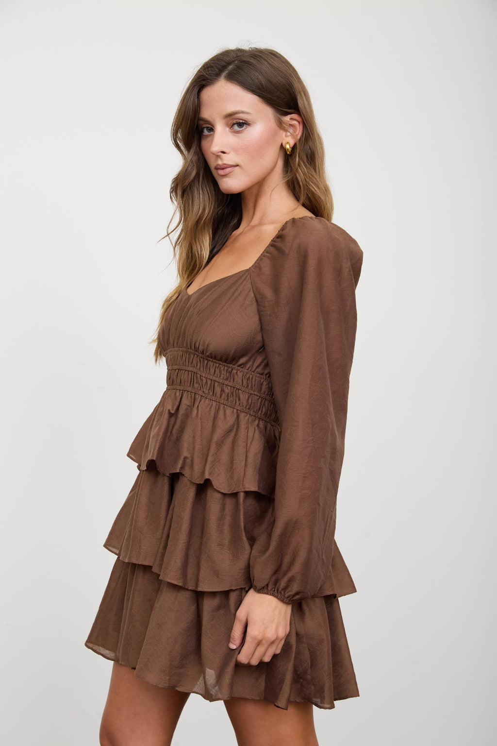 SMOCKED BISHOP SLEEVE TIERED MINI DRESS