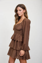SMOCKED BISHOP SLEEVE TIERED MINI DRESS