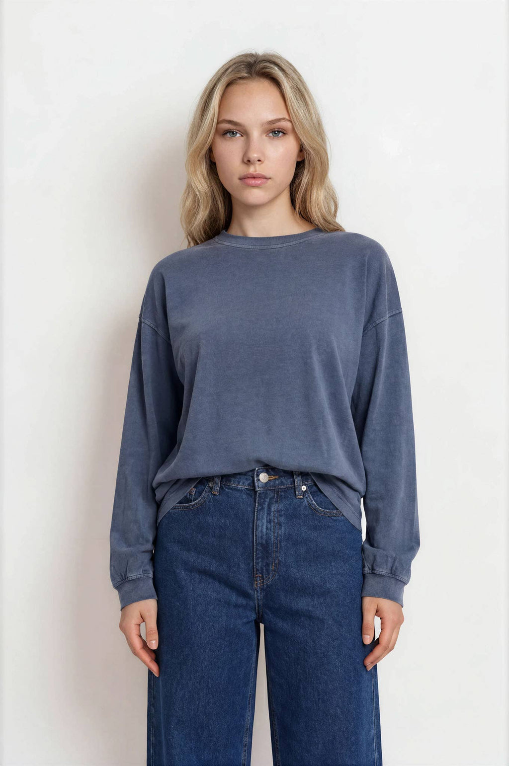 Navy Washed Crew Neck Long Sleeve Knit Top