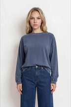 Navy Washed Crew Neck Long Sleeve Knit Top