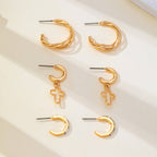 Gold-Tone Cross Baguette Hoop Earring Trio Set