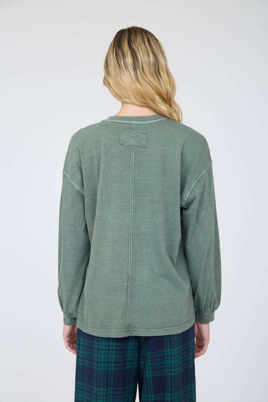 Dusty Green Washed Crew Neck Long Sleeve Knit Top