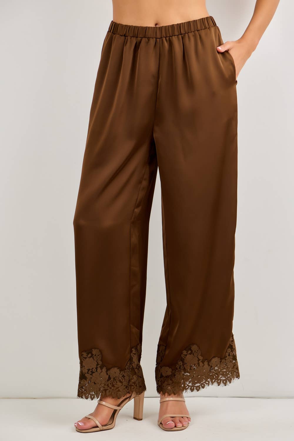 LACE TRIM SATIN PANTS