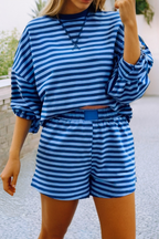 Drop Shoulder Pullover Elastic Waist Striped Short Set