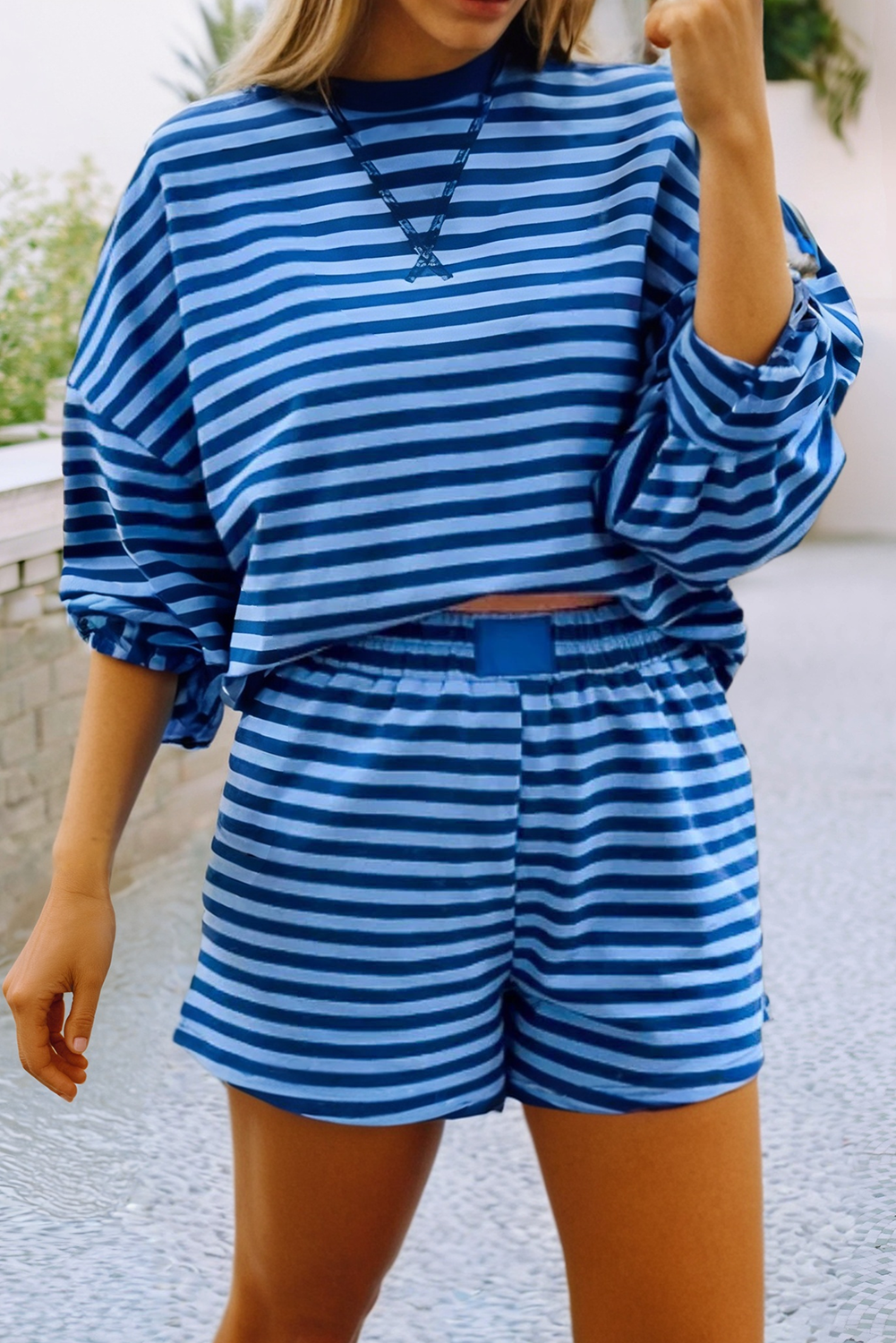 Drop Shoulder Pullover Elastic Waist Striped Short Set