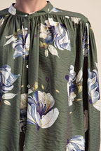 Floral Blouse Round Neck Button Down Voluminous Shirring