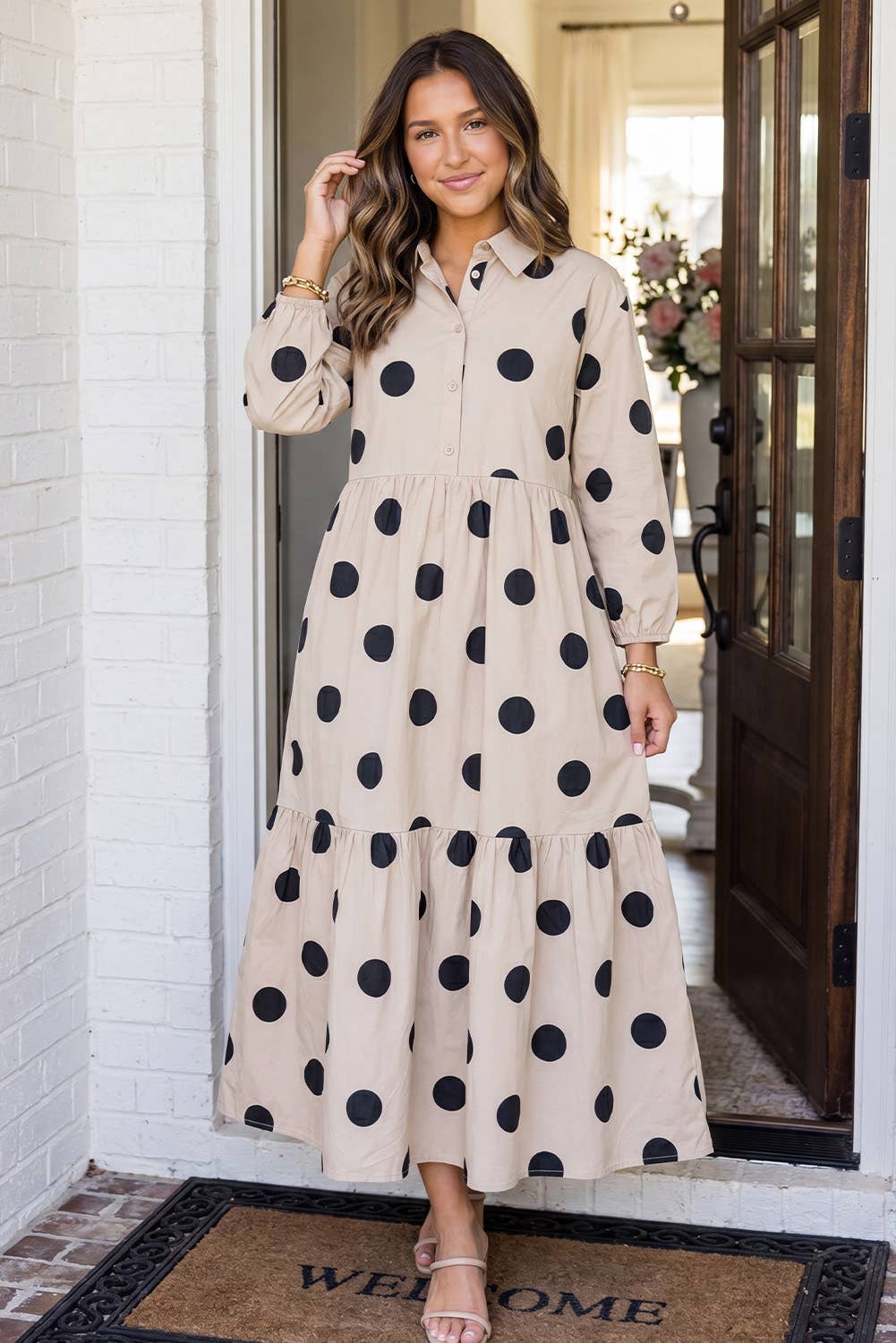 Polka Dot Button Front Casual Shift Midi Dress (S-XL)