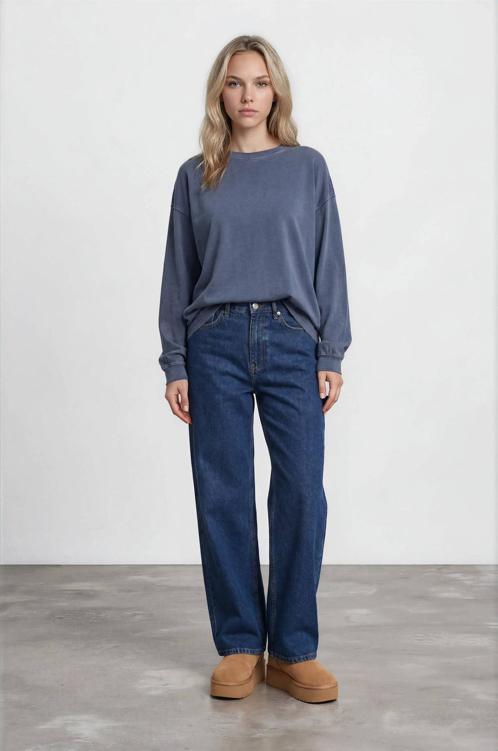 Navy Washed Crew Neck Long Sleeve Knit Top