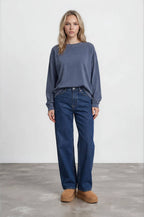Navy Washed Crew Neck Long Sleeve Knit Top