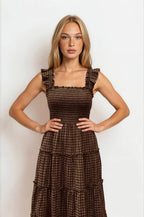 PLAID SMOCKED MIDI DRESS WITH RUFFLE SLEEVE DETAIL