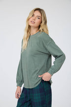 Dusty Green Washed Crew Neck Long Sleeve Knit Top