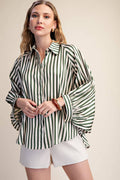 Stripe Wide Puff Sleeve Buttondown Shirt