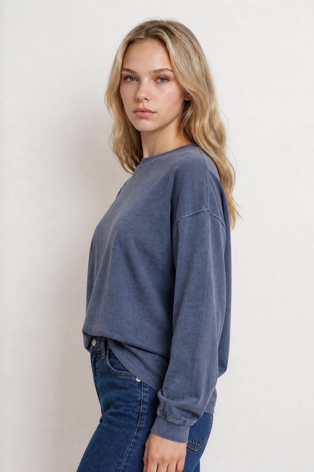 Navy Washed Crew Neck Long Sleeve Knit Top