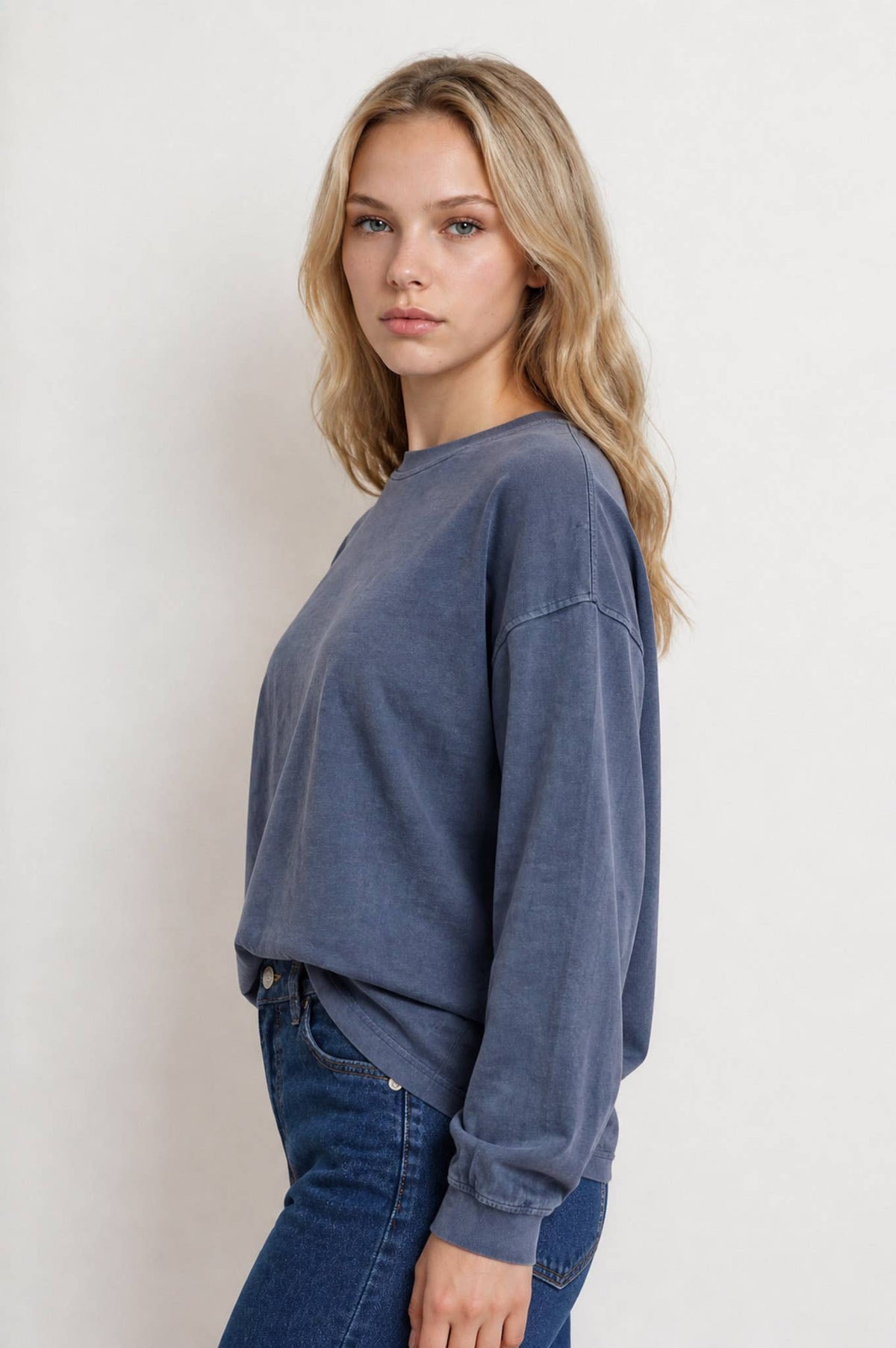 Navy Washed Crew Neck Long Sleeve Knit Top